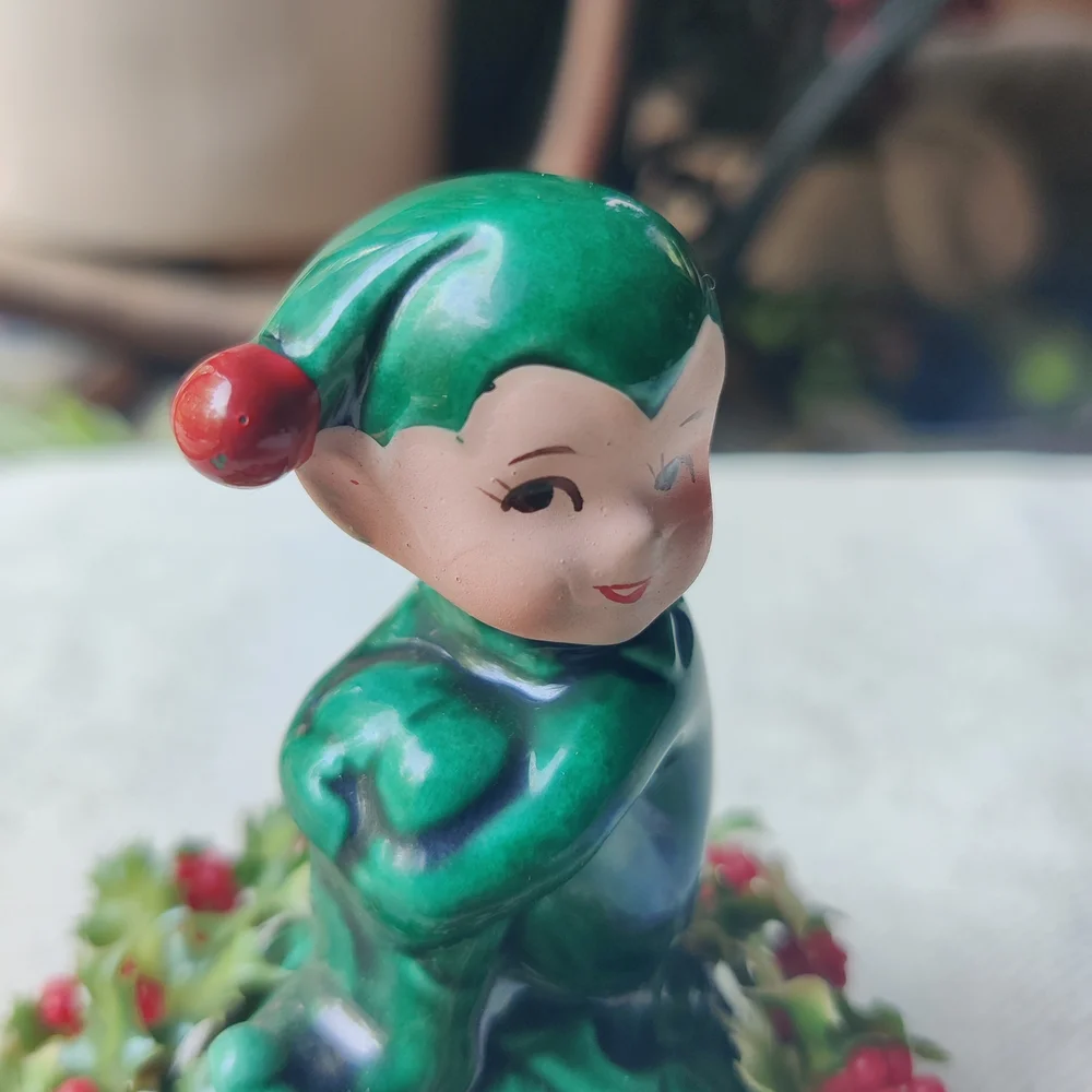 Vintage Inarco Christmas Pixie Elf on Holly Berry Figurine 4.5